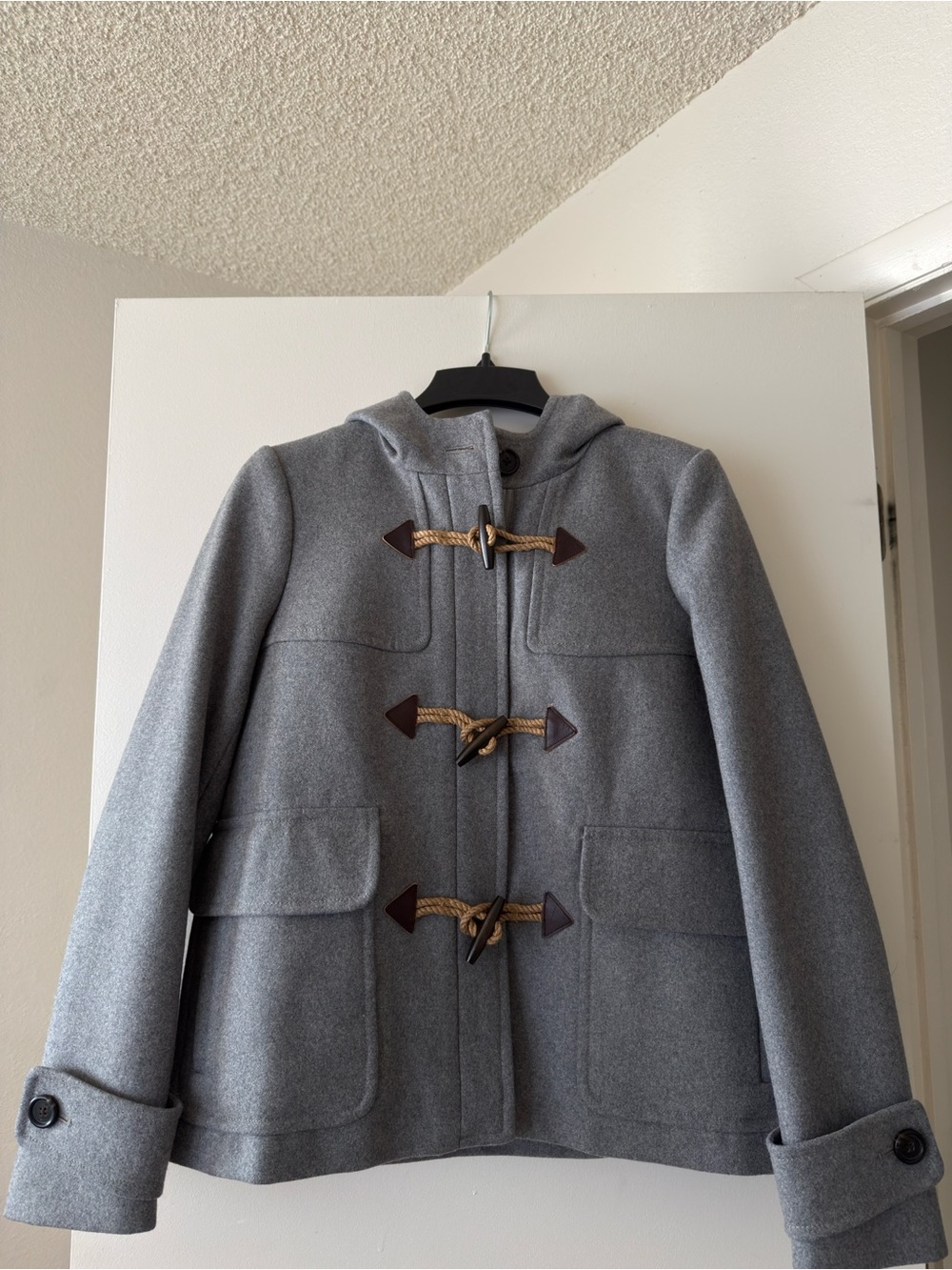 J. Crew Gray Hooded Wool-Blend Toggle Pea Coat